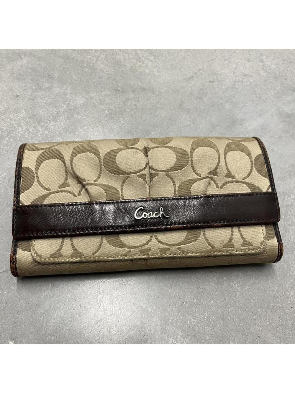 Vintage 90s Coach Signature Canvas Leather Trim Wallet Tan Long Bifold Wallet